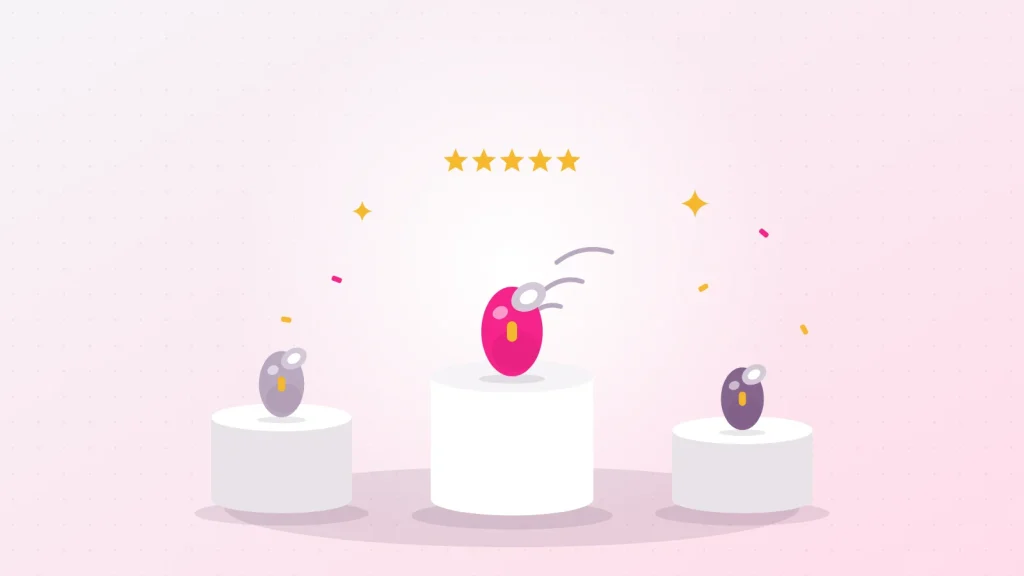 Illustration of a showcase with three air pulse devices on pedestals, the top model in pink under five stars, for our Womanizer review