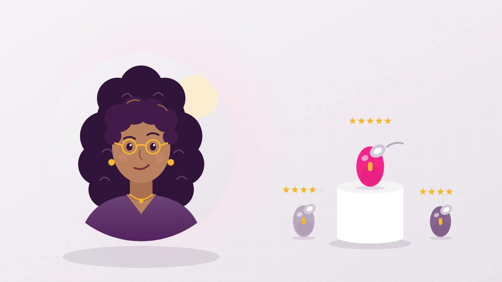 Illustration of Liora as an expert next to three star rated air pulse devices, the top one on a pedestal, for our Womanizer review