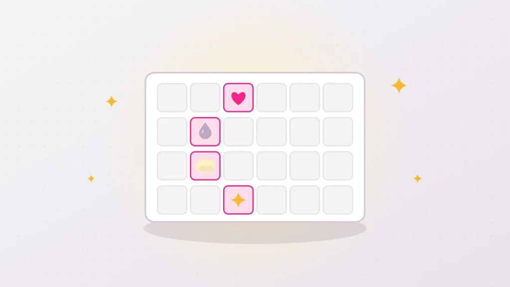 Illustration of an adult advent calendar with closed doors, a few of them opened onto a heart, a drop and a pebble