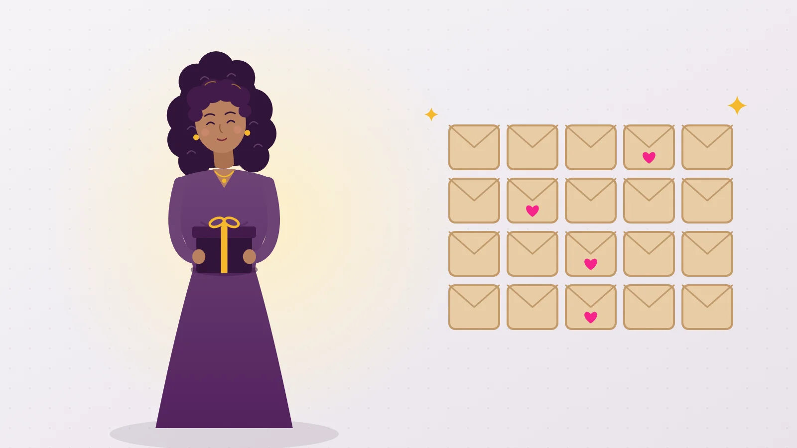 Illustration of Liora holding a gift beside a grid of handmade kraft envelopes, the homemade version of an adult advent calendar