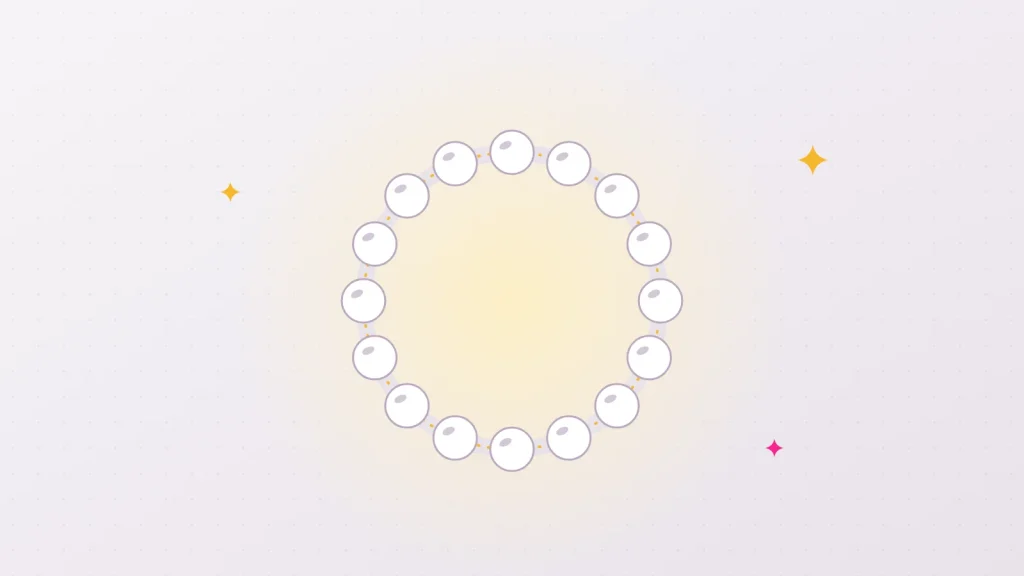Illustration of a ring of identical, evenly spaced pearls, echoing the neat rows of pearly penile papules, set on a golden thread