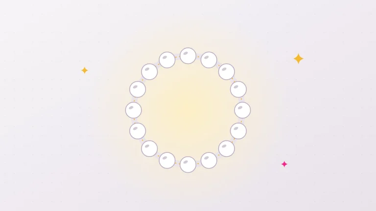 Illustration of a ring of identical, evenly spaced pearls, echoing the neat rows of pearly penile papules, set on a golden thread