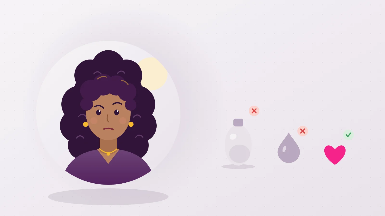 Illustration of a sceptical Liora facing a crossed out wart remover and oil, next to an approved heart, a reminder never to self treat pearly penile papules