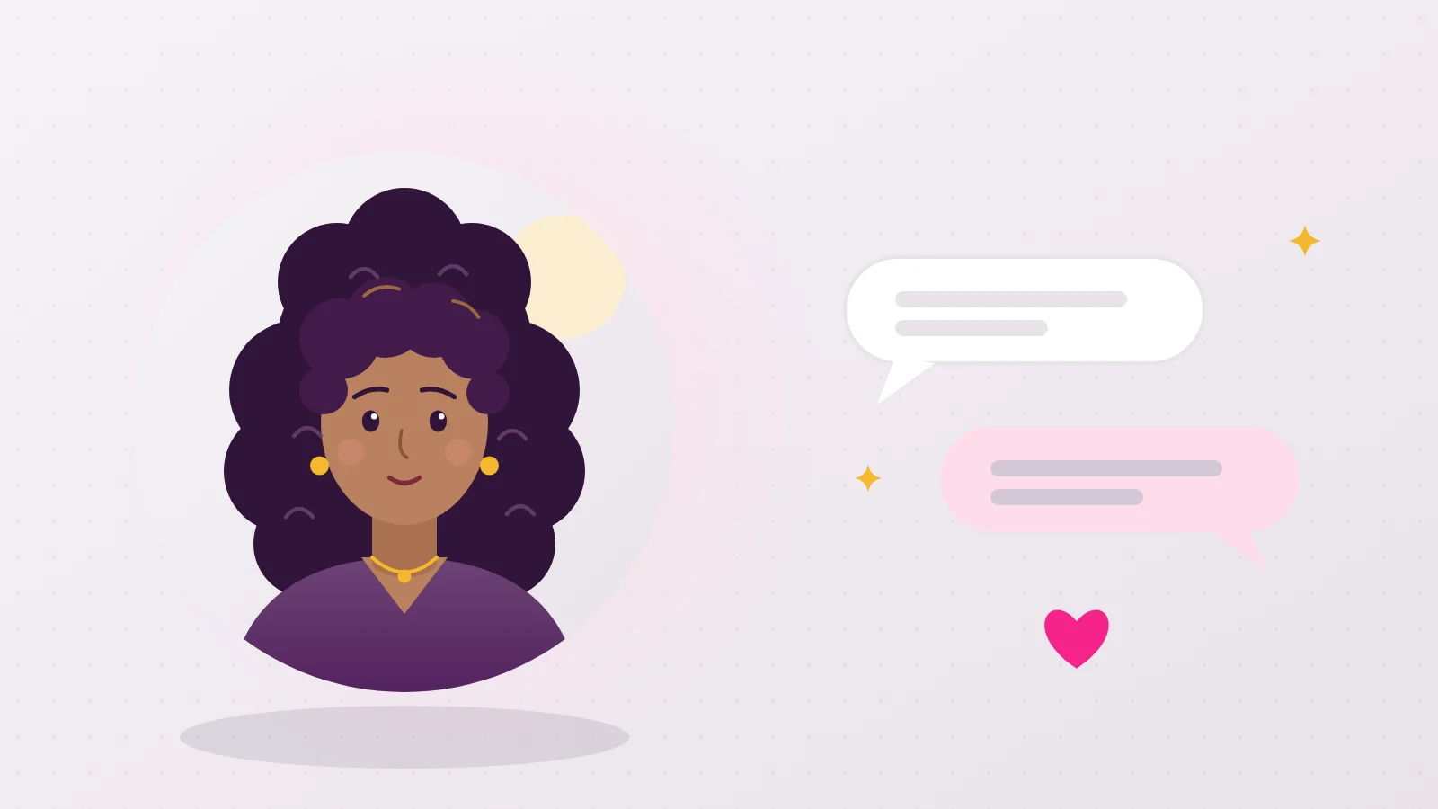 Illustration of Liora next to two speech bubbles answering each other, because talking about premature ejaculation together is half the work