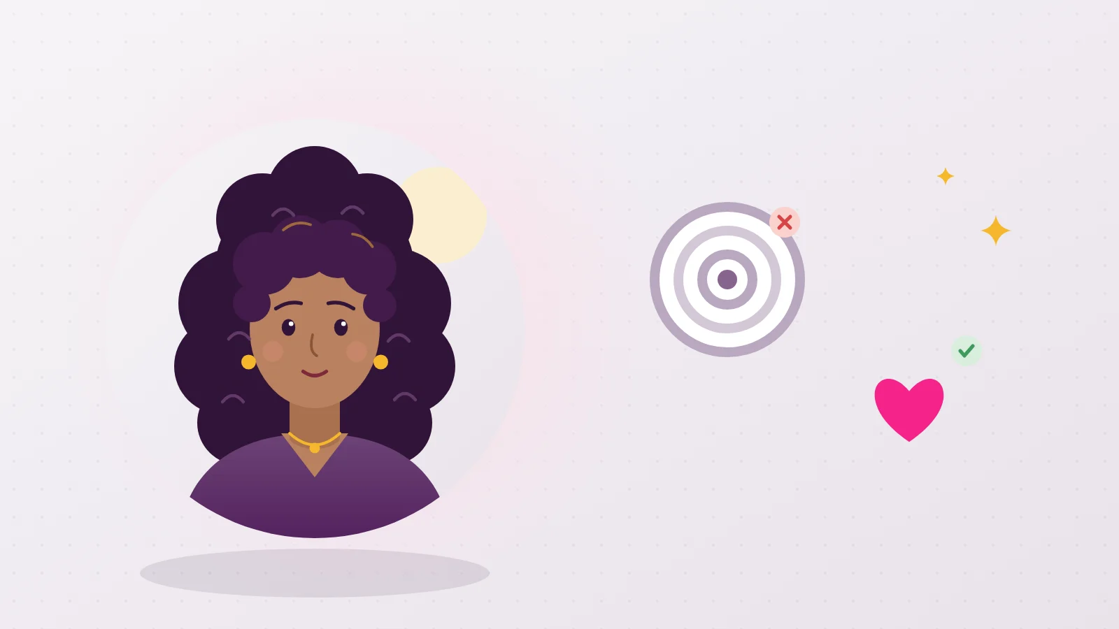 Illustration of a reassuring Liora next to a crossed out target and an approved heart, a reminder that female ejaculation is not a goal to reach
