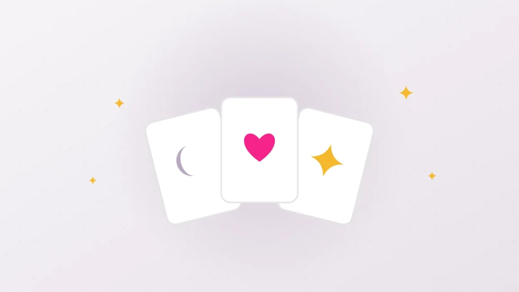 Illustration of three desire cards fanned out, moon, heart and sparkle, to show that a kink is one taste among many others