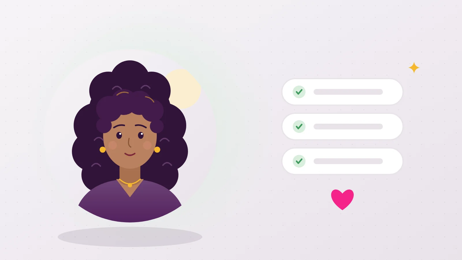 Illustration of Liora next to three lines ticked with a green check, the points to settle before exploring a kink together
