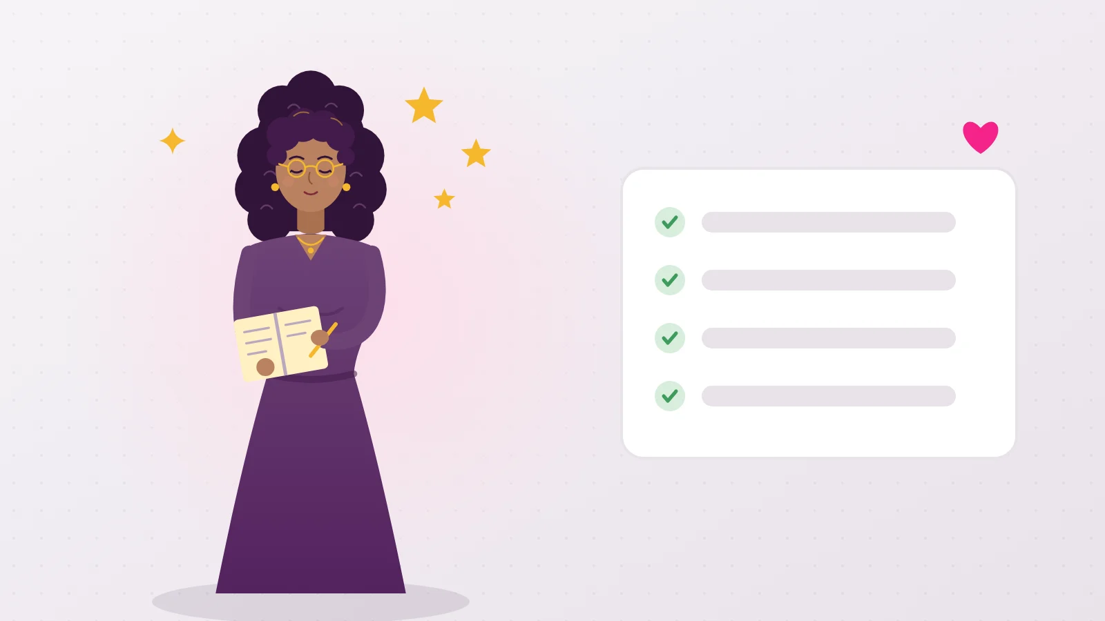 Illustration of Liora with her notebook beside a list of four ticked boxes, the gestures to try this week from the love languages