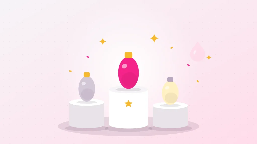 Illustration of a podium of three bottles, the winning anal lube in pink on the tallest pedestal, under a thick drop and golden stars