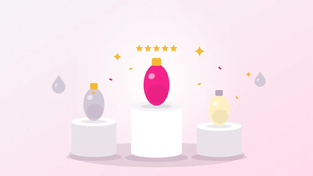 Illustration d'un podium de trois flacons de lubrifiant silicone, le gagnant rose au centre sous cinq étoiles dorées et des confettis