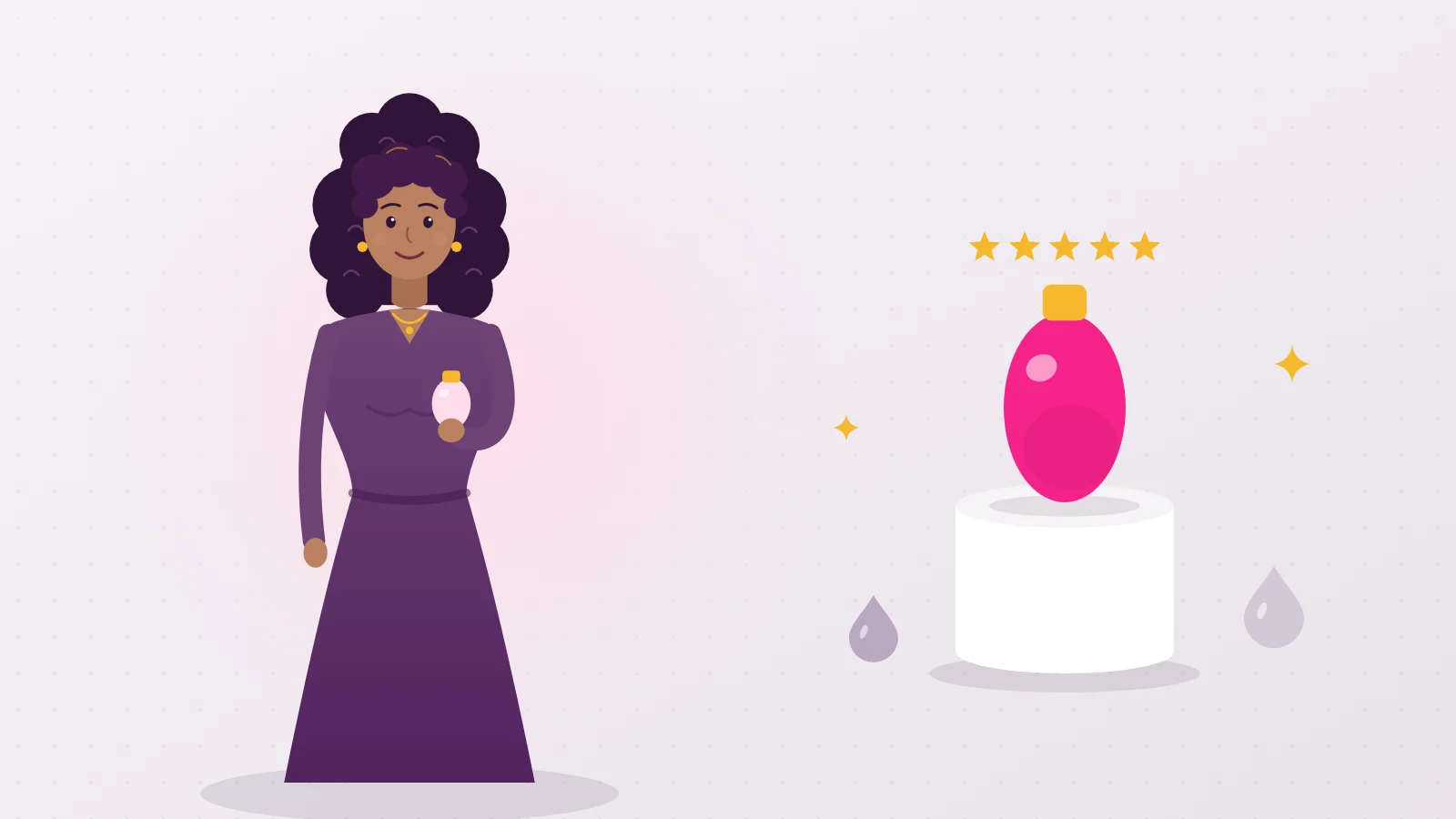 Illustration of Liora presenting the top silicone lube bottle of the ranking, on a pedestal with a five star rating