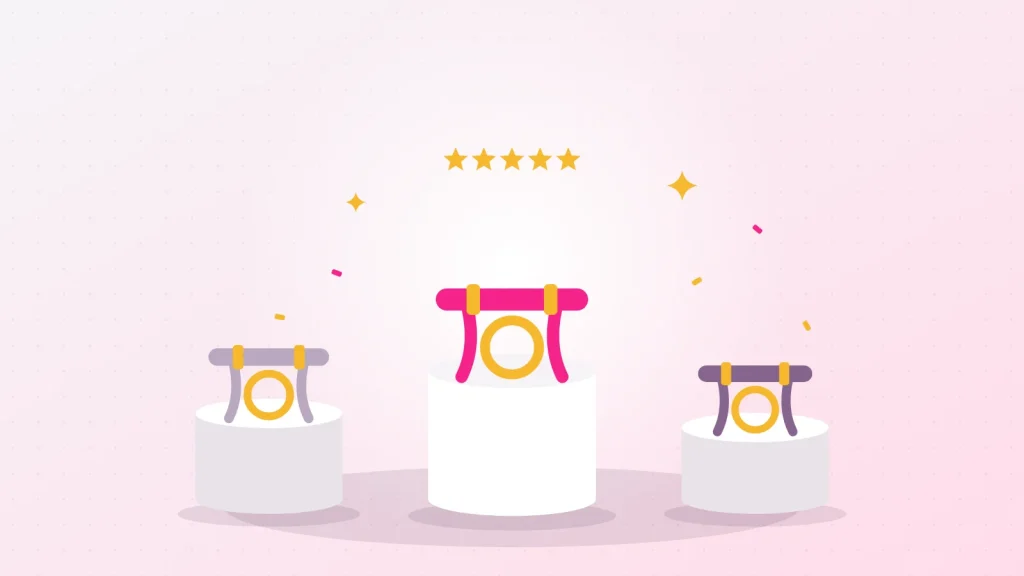 Illustration d'un podium de trois harnais de gode ceinture à anneau doré, le gagnant rose au centre sous cinq étoiles et des confettis