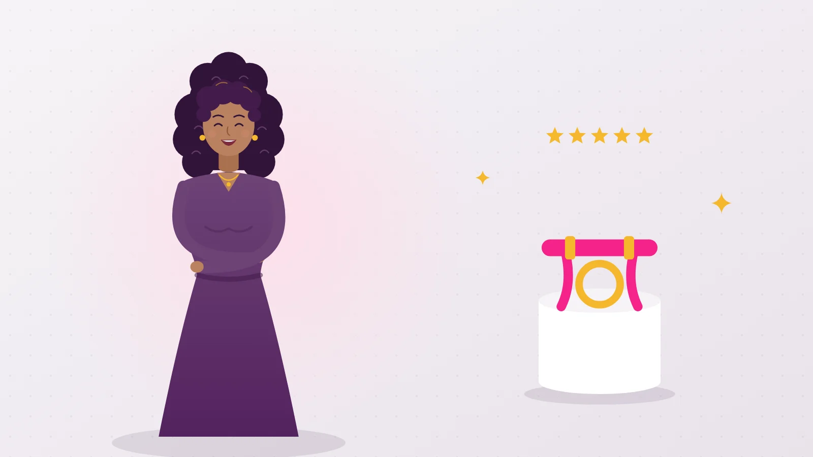 Illustration of Liora presenting the top strap-on harness of the ranking, standing on a pedestal with a five star rating