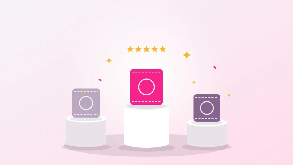 Illustration of a podium with three condom wrappers, the pink winner in the middle under five golden stars, for the best condoms buying guide