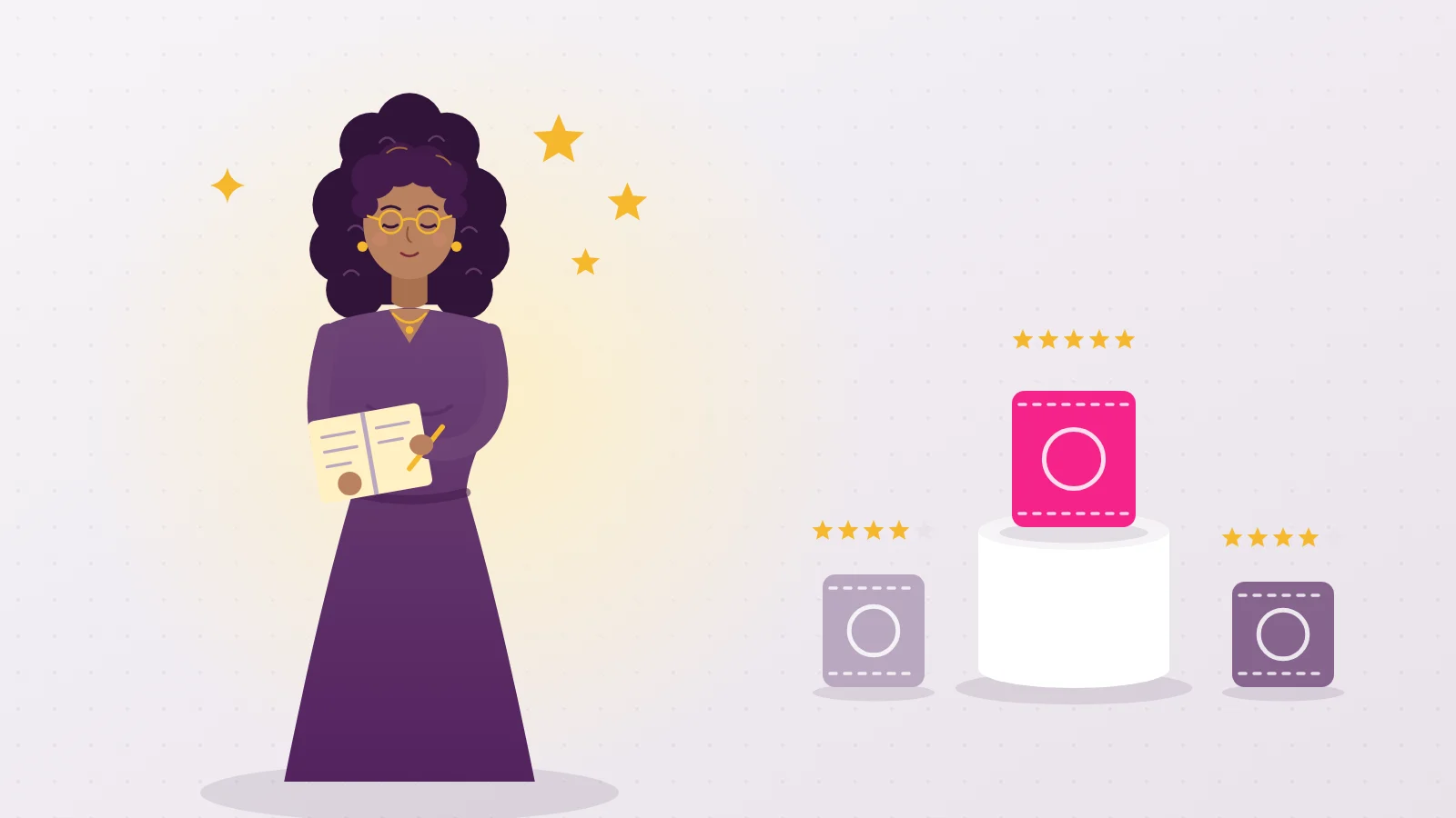 Illustration of Liora taking notes in front of three star rated wrappers, the top one on a pedestal, to compare the best condoms picks