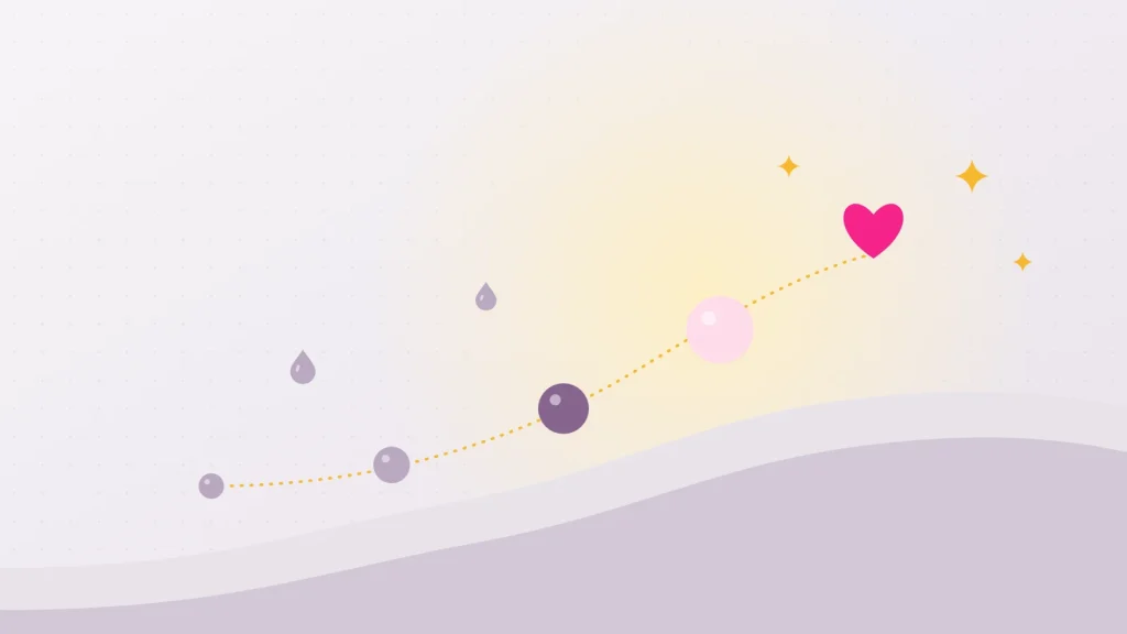 Illustration d'une montée progressive de cercles de plus en plus grands jusqu'à un cœur rose, pour évoquer le crescendo de l'orgasme féminin
