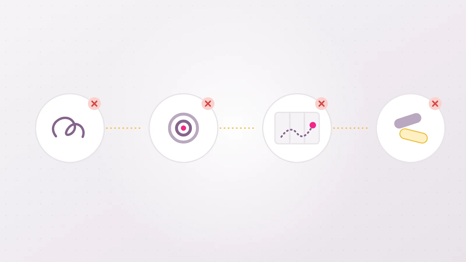 Diagram of four obstacles to female orgasm: tangled thread for mental load, target for performance pressure, folded map for knowing your own map, capsules for medical causes