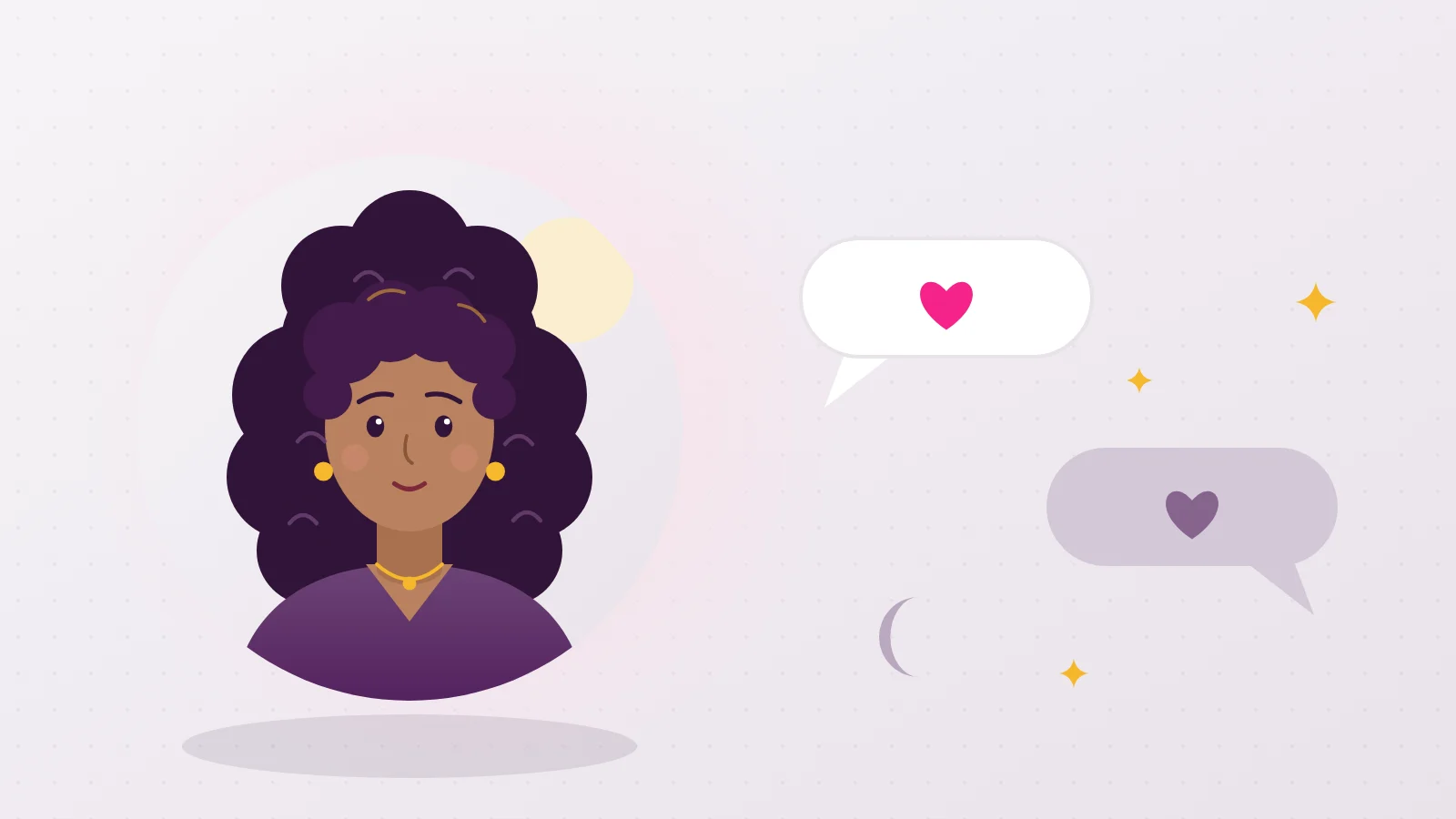 Illustration of Liora looking kind beside two speech bubbles holding a heart, a reminder that saying what you like helps the female orgasm