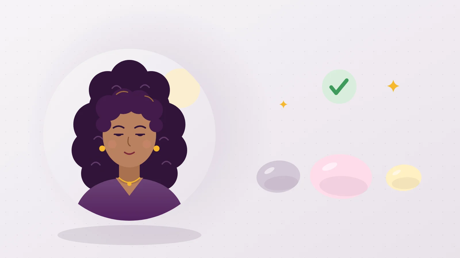 Illustration of Liora looking calm beside three pebbles of different sizes and a green tick, because feeling nothing at the g-spot is not abnormal