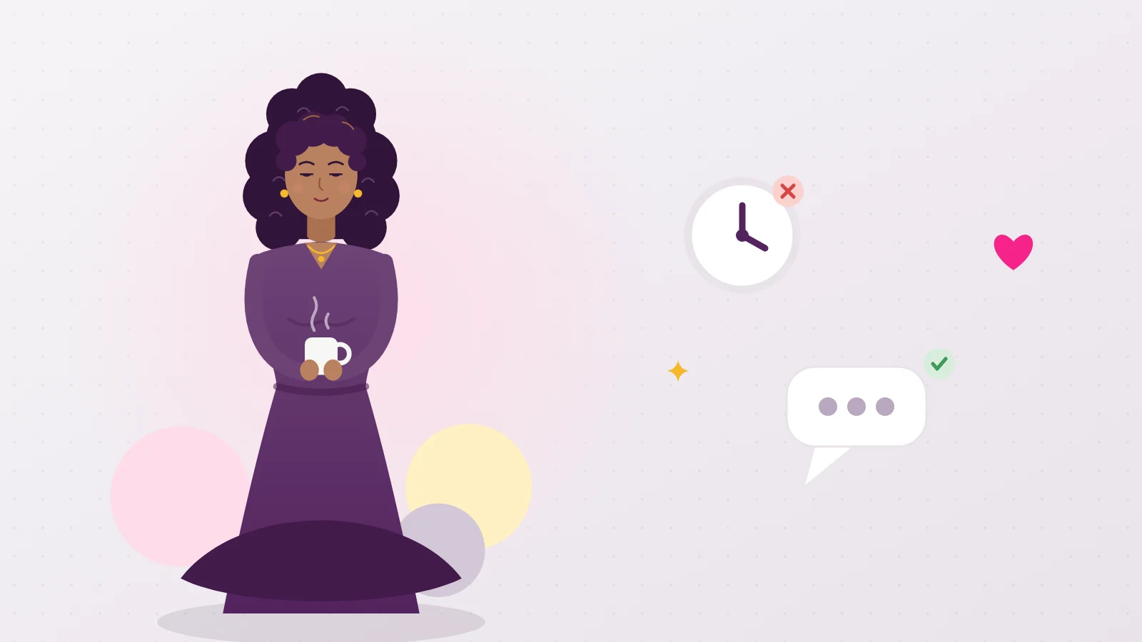 Illustration of Liora sitting cross legged next to a crossed out stopwatch and an approved speech bubble, because foreplay is a question to ask, not a duration to time