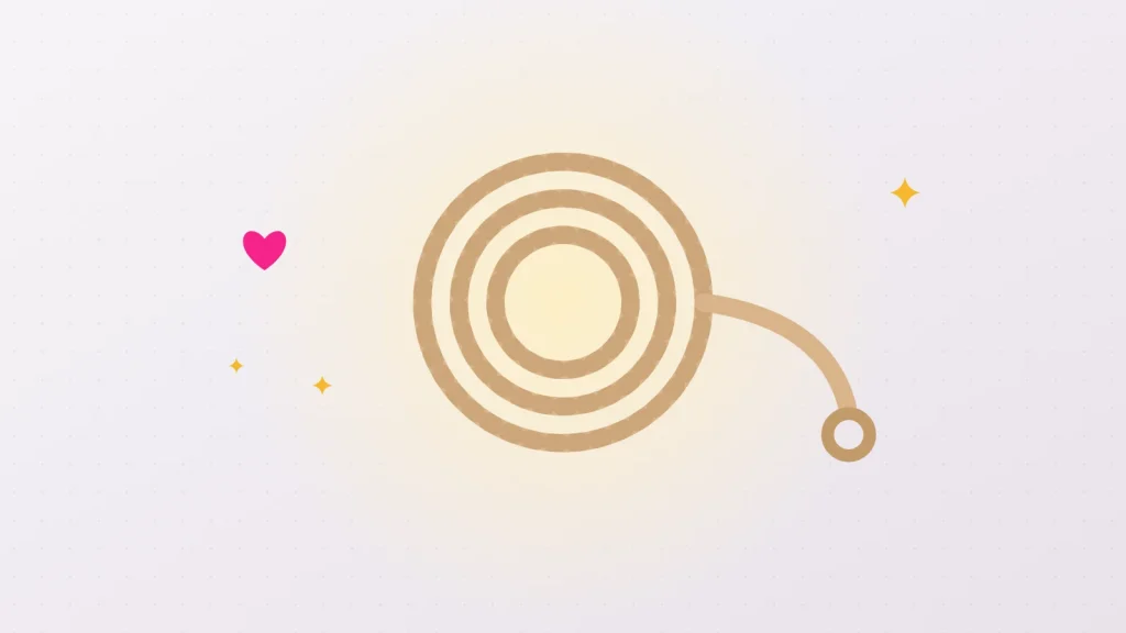 Illustration of a jute rope coiled into a spiral with its loose end and a small knot, the simplest image of shibari