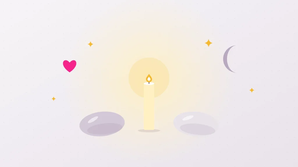 Illustration d'une bougie allumée entre deux coussins sous un croissant de lune, l'ambiance douce d'une soirée slow sex