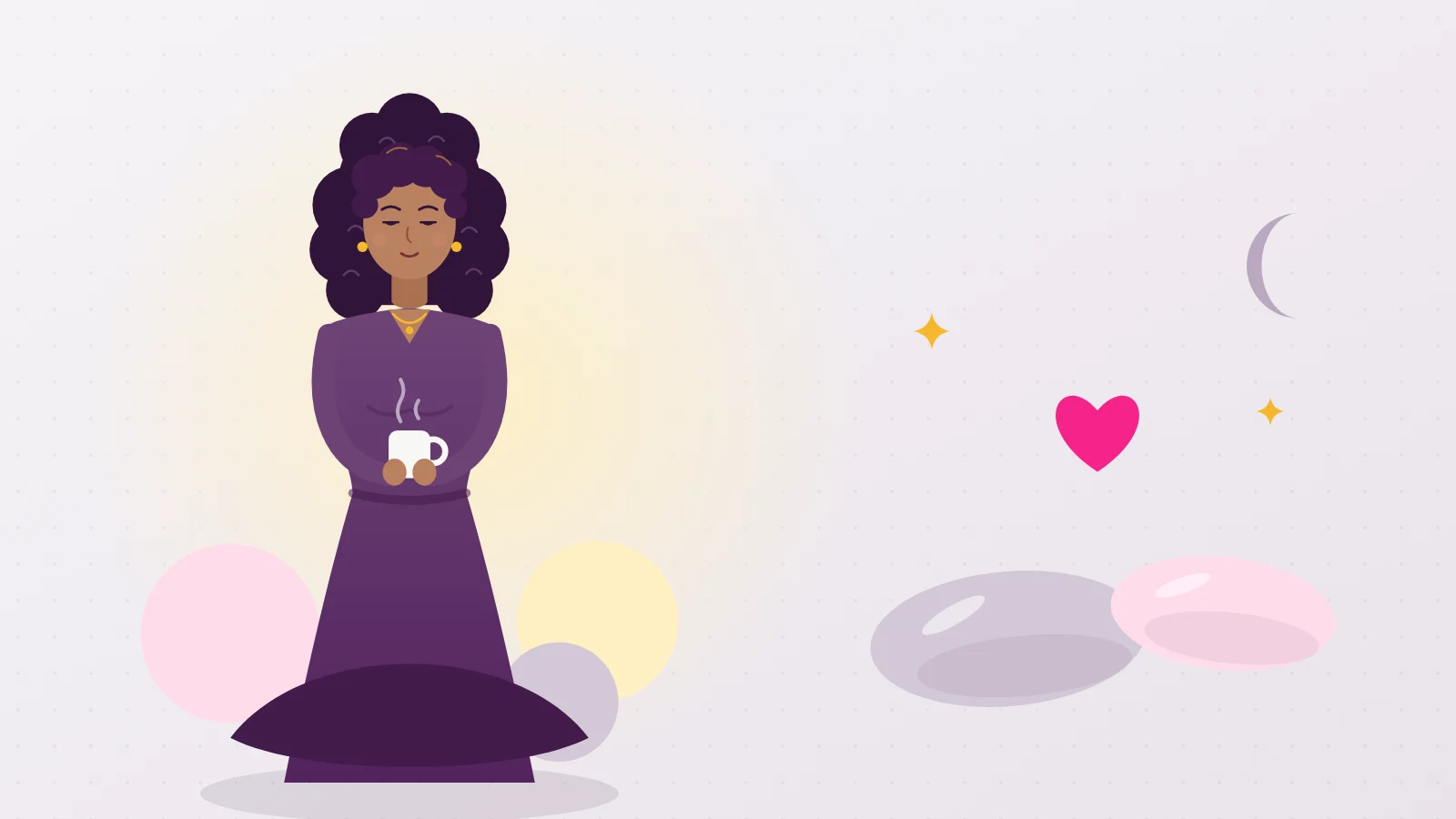 Illustration of Liora sitting cross-legged next to two cushions and a heart, the calm that slow sex brings to a couple