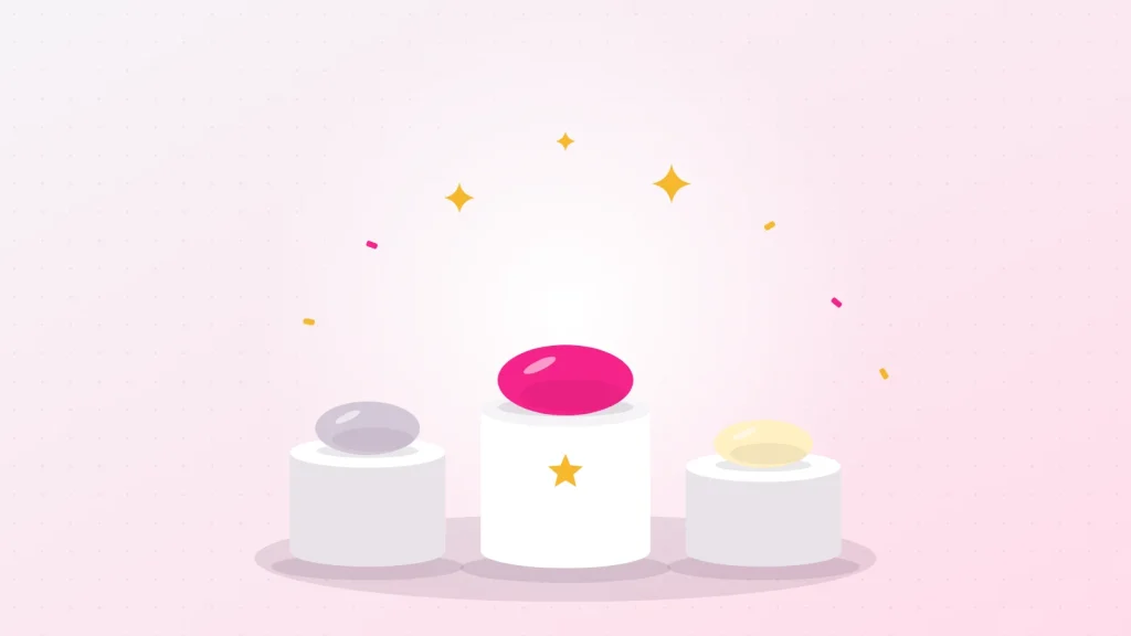 Illustration of a podium with three stylised models, the winning prostate massager in pink on the central pedestal, under golden stars and confetti