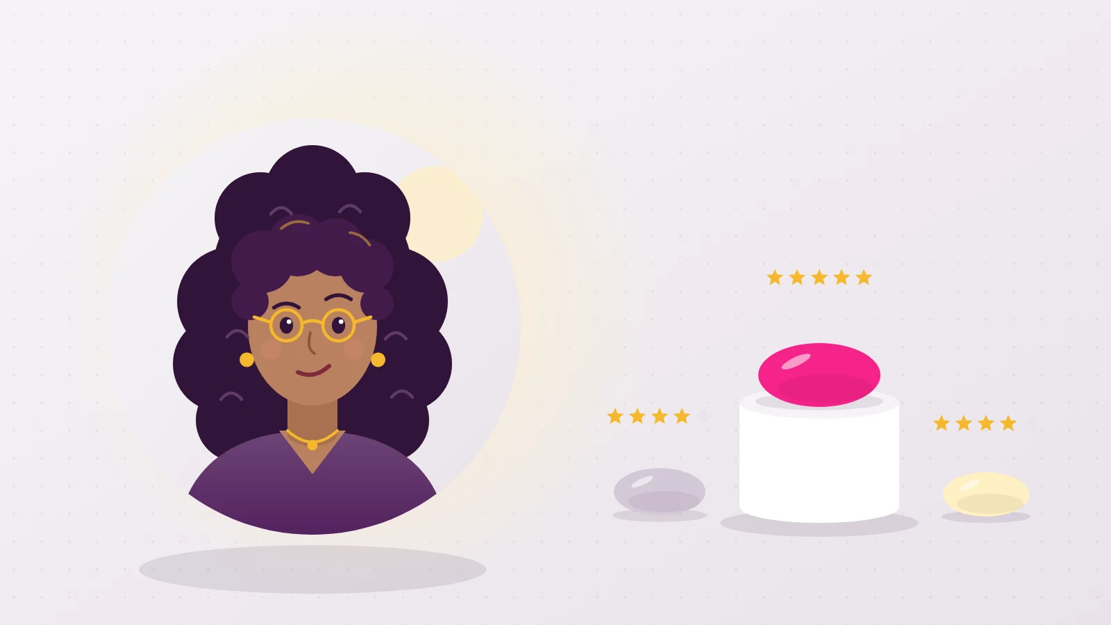 Illustration of Liora with her glasses in front of the top three picks rated with stars, the winning prostate massager on its pedestal