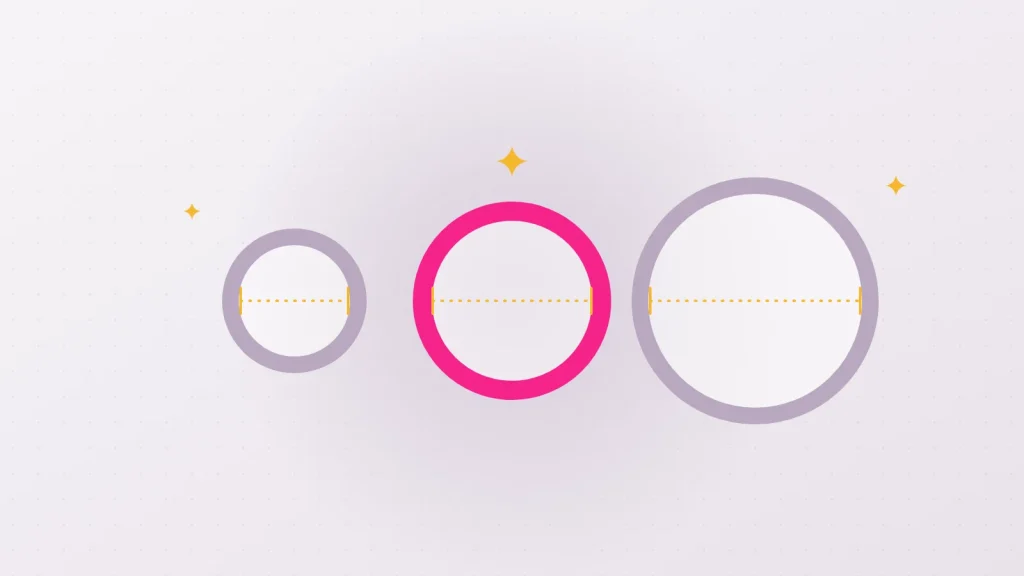Illustration de trois anneaux de diamètres différents, chacun mesuré par un trait doré pointillé, pour trouver sa taille de préservatif