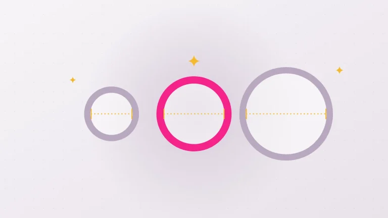 Illustration de trois anneaux de diamètres différents, chacun mesuré par un trait doré pointillé, pour trouver sa taille de préservatif