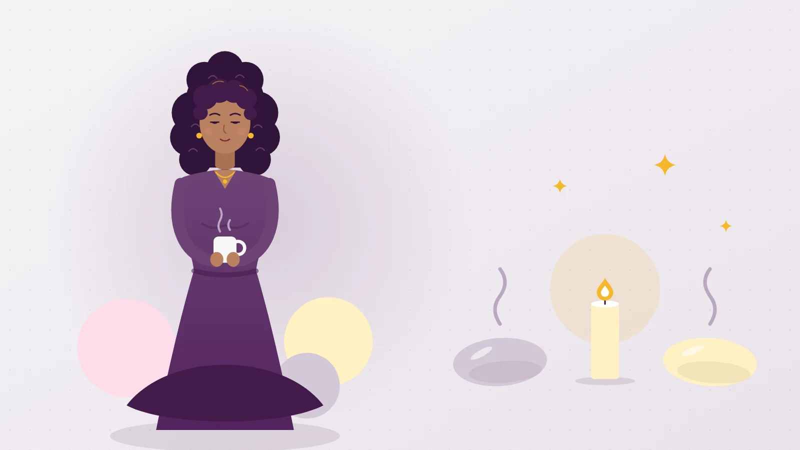 Illustration of Liora sitting cross-legged in front of two cushions and a candle, ready to start tantra exercises as a couple