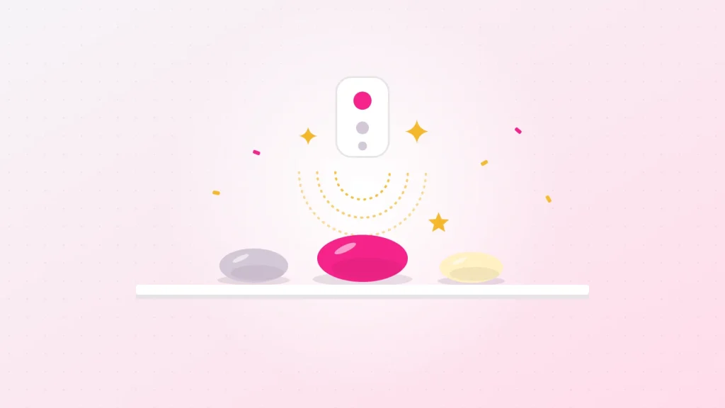 Illustration d'une vitrine de trois modèles sur une étagère, surmontée d'une télécommande dont le signal descend vers le vibromasseur télécommandé gagnant, en rose