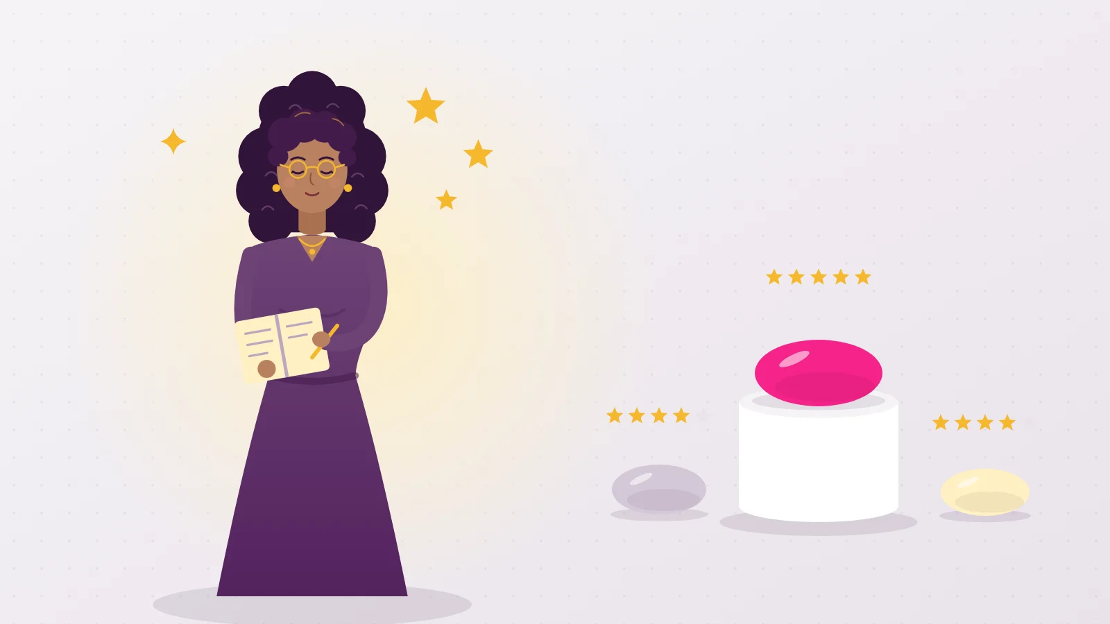 Illustration of Liora taking notes in front of three star rated remote control vibrators, the winner standing on a white pedestal