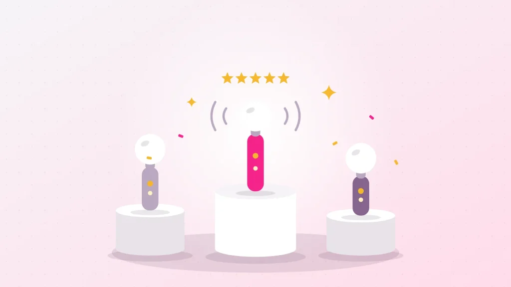 Illustration of a podium with three wand vibrator models, the pink winner in the middle under five golden stars, surrounded by its vibration waves