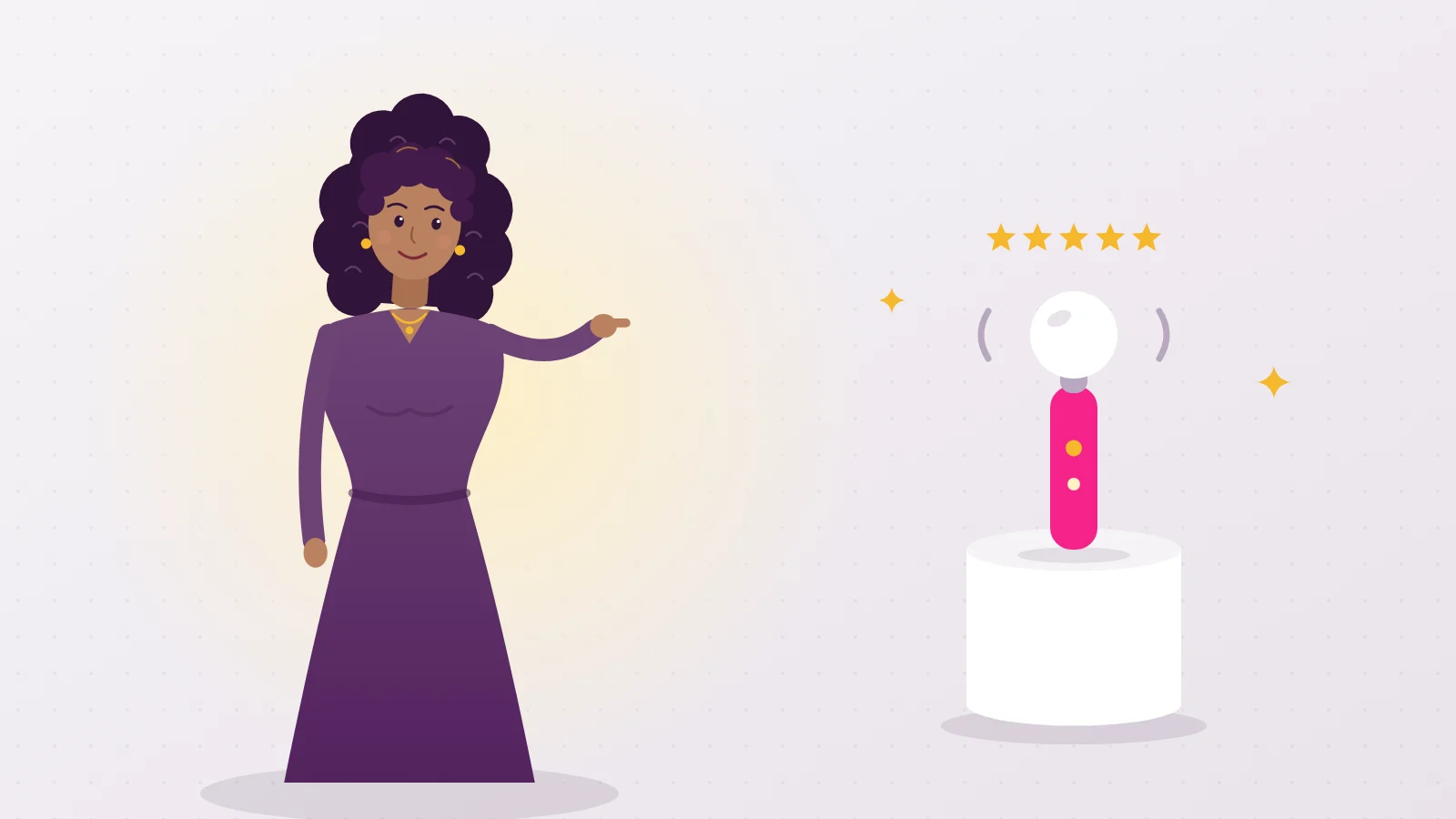 Illustration of Liora pointing to the top wand vibrator of the ranking, standing on a pedestal with a five star rating